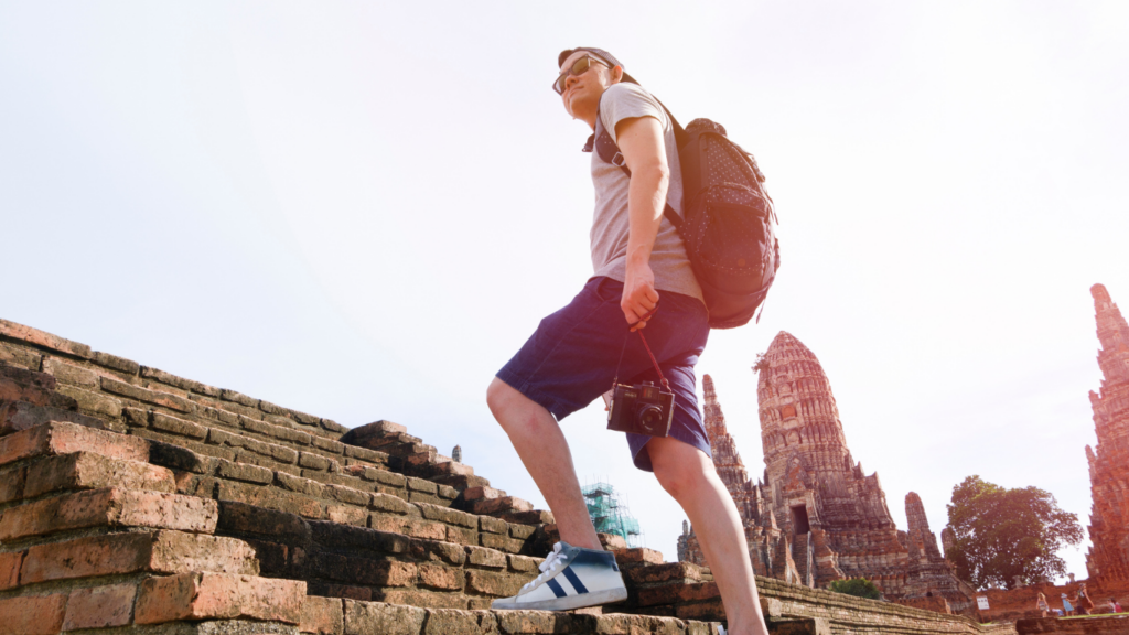 young man traveler in temple