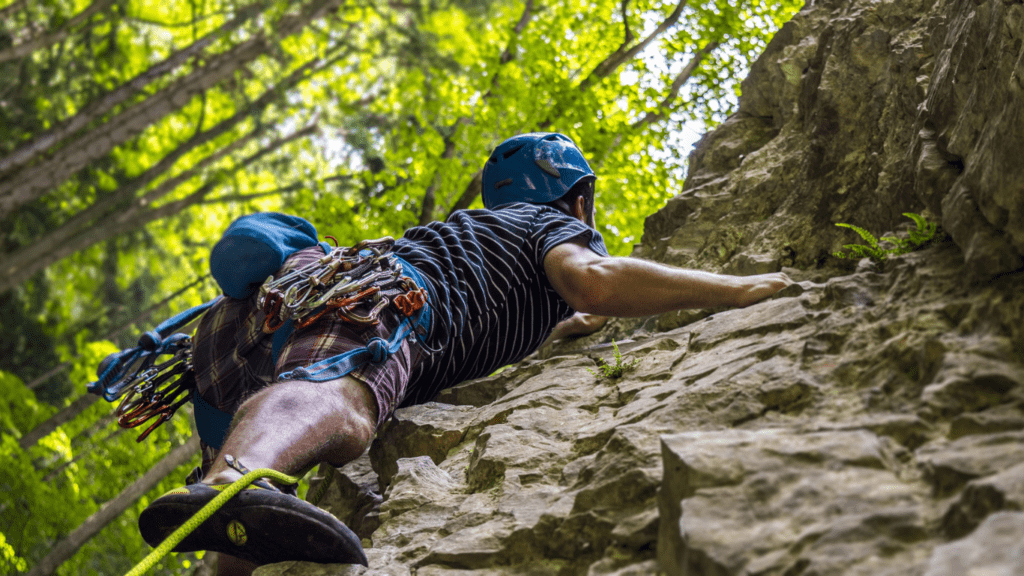 a person is climbing on a rock in the woods