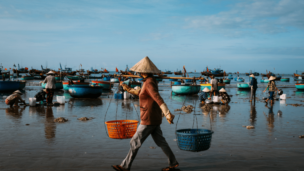 a person with a hat walking on the beach with baskets of fish